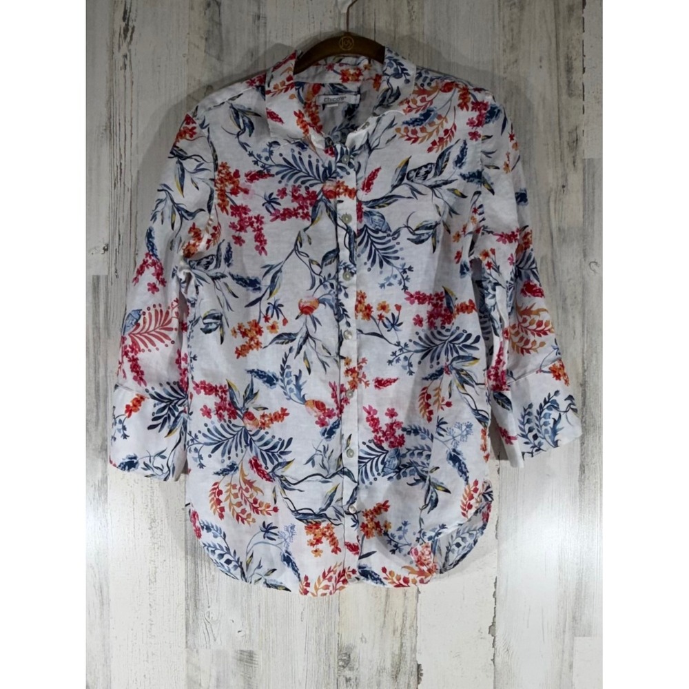 Chicos Linen Button Down Top Size 1 or Medium 3/4 Sleeve Floral Beach Coastal